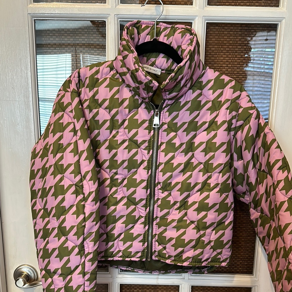 Stylish Pink and Olive Houndstooth Puffer Jacket